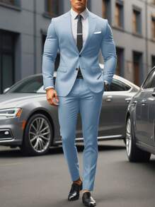 Manfinity Mode Men's Baby Blue Woven Fabric Two-Piece Suit: Long Sleeve Lapel Neckline Split Detail And Long Length For A Modern Look - Baby Blue - View 1