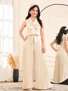 SHEIN Teen Girls Elegant Apricot Turn Down Collar Double-Breasted Tie-Waist Design Pleated Wide Leg Jumpsuit/Wedding Guest Outfit, Suitable For Occasions Like Holidays, Parties, Weddings, Back To School, Graduation