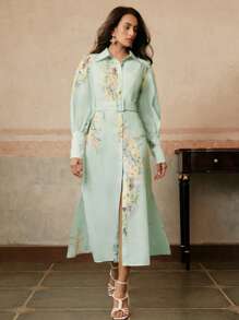 Anewsta 女式灯笼袖花卉印花束腰连衣裙