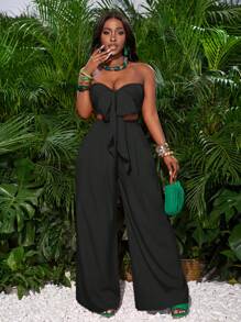 Slaydiva 玫瑰红色前系带抹胸上衣和阔腿裤女士假日装 - 黑色 - 查看 5