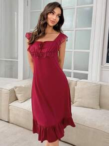 SHEIN Women's Lace Trim Bowknot Sleeveless Nightgown Babydoll, Summer Bowknot - Burgundy - View 3