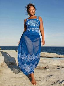 Travachic Plus Size Women's Floral Print One-Piece Swimsuit + Cover Up Skirt 3-Piece Beachwear Set Country Concert Outfit