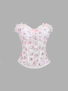Sweetra Áo ống ren và hoa hồng bán trong suốt - trắng - Xem 1