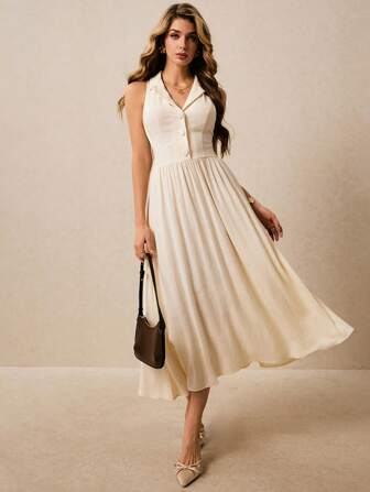 Poéselle 女式纯色做旧纽扣式半襟无袖休闲中长连衣裙