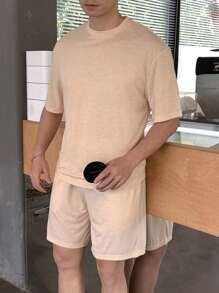 SHEIN Set de 2 piezas de camiseta de manga corta y shorts sólidos, cómodos y combinables para adolescentes varones