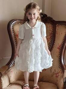 DAZY Young Girls Solid Color Collared Puff Sleeve Splice Short Sleeve Dress,Girls Summer Outfits - White - View 8