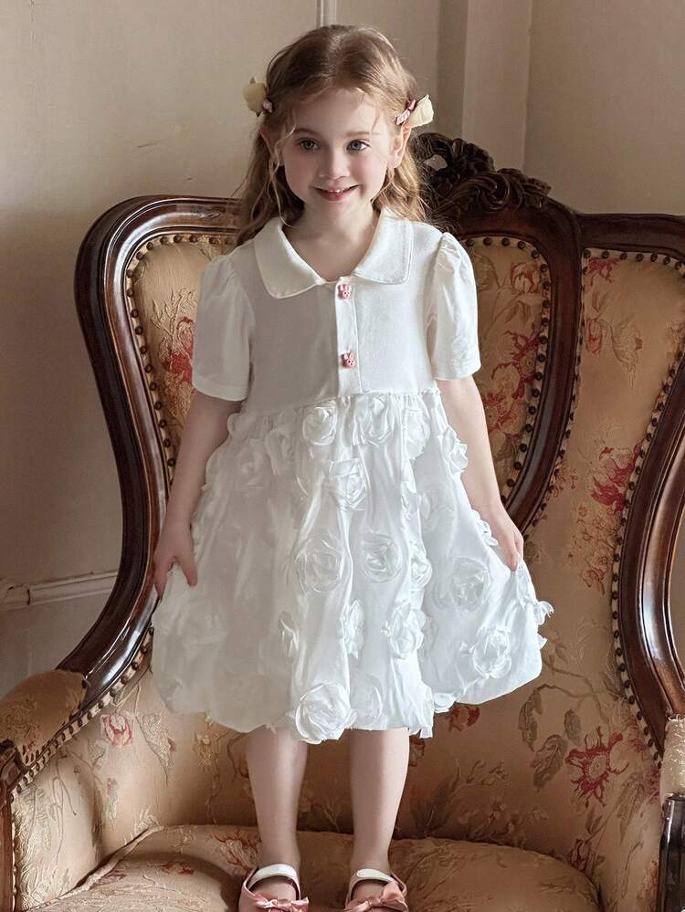 Young Girls Solid Color Collared Puff Sleeve Splice Short Sleeve Dress,Girls Summer Outfits