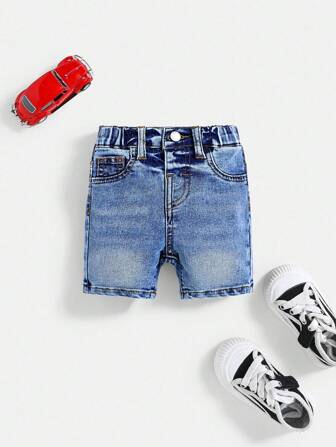 SHEIN BASICS Baby Boy Summer Casual Soft Washed Cat Whiskers Slim Fit Blue Denim Shorts ,Baby Spring/Summer Spring Break Daily Wear