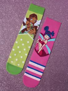 The Winx X SHEIN 3 paia di calze a mezza gamba da donna con motivi asimmetrici a cartoni animati, calze a righe magiche morbide e traspiranti con punta e tallone rinforzati, versatili per tutte le stagioni