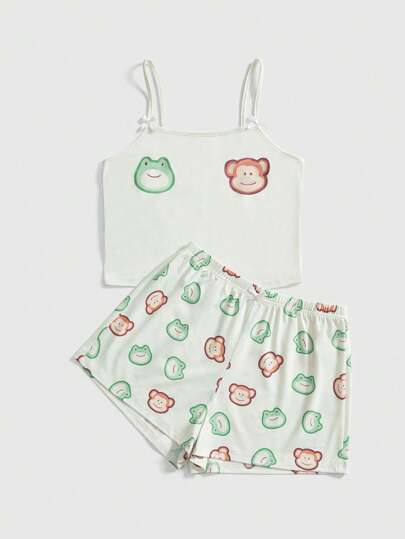 Kawaii Cute Frog & Monkey Animal Print Casual Strap Bow Tank Top And Shorts Pajama Set For Women, Summer