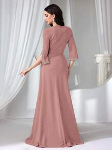 Coutiva Women's Beaded Bodycon Knit Formal Evening Gown, Party Dress, For Wedding Guest - Pink - View 2