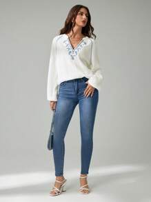 SHEIN Tall Chemisier casual/de vacances manches longues pour femmes avec col cranté et broderie