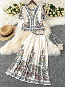 Rometta 2 chiếc/Bộ áo sơ mi tay ngắn họa tiết hạt điều kỹ thuật số cỡ lớn dành cho nữ + váy - Nhiều màu - Xem 1