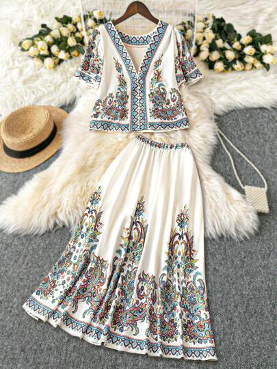 Rometta 2 件套大码女式数字腰果印花短袖衬衫 + 裙子