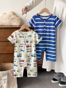 2 Stücke Baby Jungen Sommer Set, Romper mit Kurzarm und Shorts, Auto Aufdruck & blau-weiß gestreift Kombination, lebhafte Optik, geeignet für Outdoor, Komfort zuhause, fröhliche aktive Zeit - Verschiedenfarbig - Übersicht 3