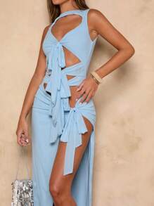 SHEIN BAE Đầm dài hở lưng màu xanh thanh lịch gợi cảm cho chuyến đi chơi mùa hè của phụ nữ, trang phục đi biển cho phụ nữ, trang phục hòa nhạc cho phụ nữ, trang phục ăn trưa cho phụ nữ, trang phục đi nghỉ ở bãi biển, trang phục lễ hội cho phụ nữ - Màu xanh lam - Xem 4