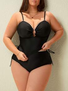 Swim Chiccia Plus Size Women's Solid Color Spaghetti Strap Tube Top Hollow Out Ruched Slim Fit Sexy Tankini Set With Ruffled Trim, White, Suitable For Daily, Vacation For Summer - Black - View 1