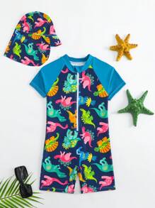 Traje de baño infantil de una pieza con cierre y estampado de dinosaurio de dibujos animados para niños pequeños, incluyendo gorro (Set de 2 piezas para niños pequeños - Traje de baño para jóvenes, ropa de natación para niños)