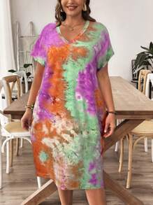 EMERY ROSE Đầm nhuộm loang tay cánh dơi cổ chữ V cỡ lớn cho nữ - trái cam - Xem 5