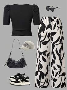 SHEIN Holiday,Summer,Travel Teen Girls 2pcs Sets: Black Short Sleeve Fitted Criss-Cross Back Design Chic T-Shirt + Relaxed Fit Printed Shorts, Suitable For Vacation & Summer Two Pieces Outfits Women Summer Outfits Two Pieces Set Women - Black - View 8