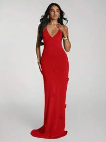 SHEIN BAE فستان كروشيه أنيق وجذاب للنساء، بتصميم ظهر كشف مزين بالزهور، قطع واسعة الطول - الأحمر - مشاهدة 5