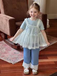 Hapijoa 2pcs/Set Girls(Small) Solid Color Undershirt With Mesh Overlay, Casual Summer Outfit