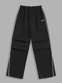 PantsHub Teen Boys 1 Piece Casual Hip-Hop Hip-Hop Style Loose Windbreaker Material Webbing Design Sports Casual Street Fashion Retro College Style Wide-Leg Pants Back To School Season; Revival; Autumn Clothing; Teen Boys' Clothes - Black - View 2