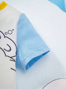 SEALOOK X SHEIN Baby Boy Cartoon Seal Print Contrast Color Sleeve White Casual Short Sleeve T-Shirt And Blue Shorts Summer Set