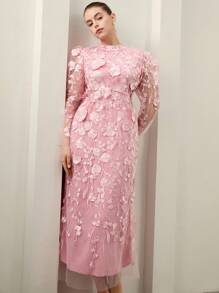Aveloria Rosie 大码女式意大利浪漫情人节重工刺绣半领收腰修身鱼尾连衣裙优雅时尚春秋季款 - 粉色 - 查看 4