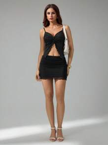 SHEIN Tall 女士黑色针织网眼性感荷叶边紧身裙