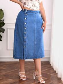 Plus Size Denim Mini Skirt With Side Slits, Fashionable For Summer - Medium Wash - View 3