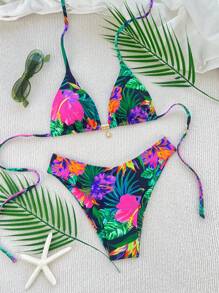 Swim Vcay 2 件套全新彩色碎花侧系带高开叉丁字裤比基尼泳装套装，女士海滩度假装 - 彩色 - 查看 2