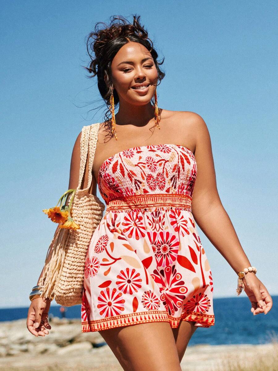 Travachic Romper Pantai Model Bandeau Motif Bunga Tropis Warna Pink Ukuran Plus, Kasual untuk Liburan Musim Panas - Berwarna merah muda - View 1