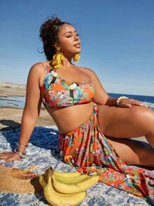 Travachic Conjunto de 3 piezas de bikini de talla grande con estampado tropical de loros y plantas, con cuello de halter para la playa