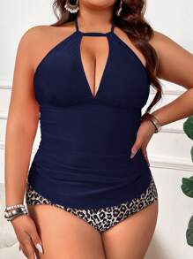 SHEIN Swim Curve 2pcs Plus Size Halter Low-Cut Floral Print Tankini Bikini Set For Summer Beach Vacation - Navy Blue - View 3
