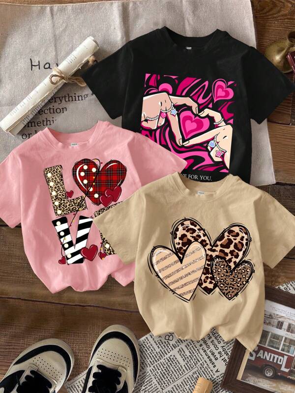 SHEIN Tween Girls Casual Cute Cartoon Heart, Leopard Heart, LOVE Print T-Shirts In Black, Pink, Khaki, Suitable For Summer