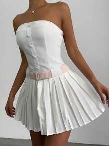 Aloruh Women Vintage Chic White And Pink Elegant Party Summer Sundress,Backless Pleated Low Waist Mini Dress,Versatile Cropped Camisole Short Outfits - White - View 5