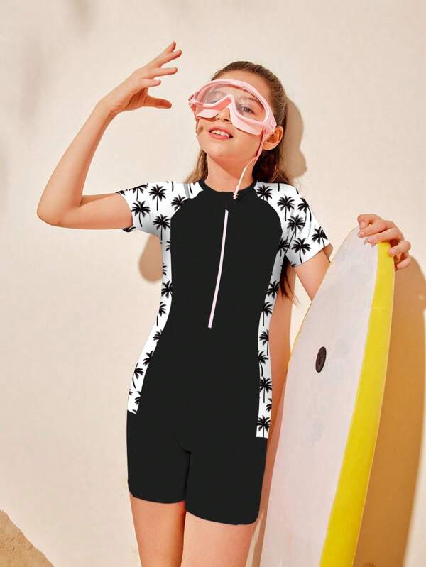 SHEIN DSDT03-12 Tween Girls Short Sleeve Zipper One-Piece Swimsuit, Fashionable For Summer Summer Holiday