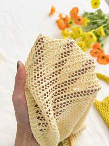 SHEIN Privé 女式度假休闲3D花卉装饰露背吊带针织连衣裙 - 黃色 - 查看 7