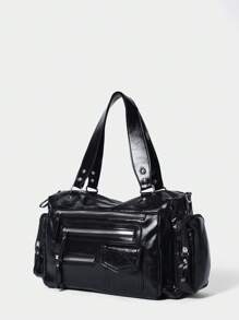 SHECARRY Vintage Motorcycle Bag High-Quality Tote Bag, Casual Commuter Punk Style Unisex Zipper Shoulder Crossbody Handbag