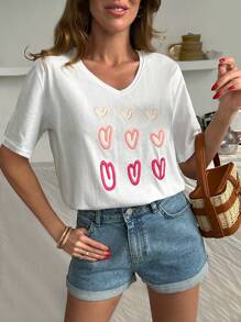 SHEIN CAMISETA DE CUELLO REDONDO CON BORDADO DE CORAZONES
