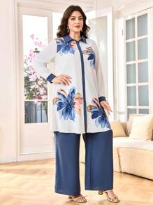 Lacomfia Floral Patchwork Plus Size 2 Pieces Set Women Work Outfits - Blue - View 6