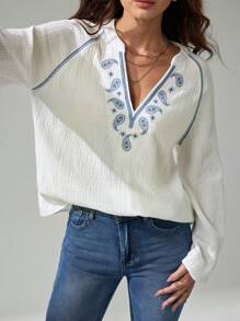 SHEIN Tall Chemisier casual/de vacances manches longues pour femmes avec col cranté et broderie