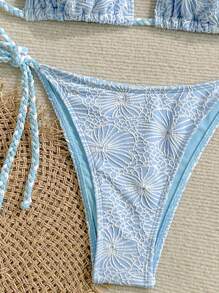 Swim Mod Conjunto de bikini de triángulo con diseño floral azul celeste y cuerda de color contrastante para chica adolescente en vacaciones de verano - Azul - Ver 4