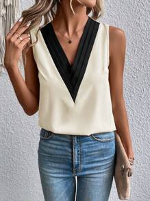 SHEIN Clasi Women's Sleeveless Color Block V-Neck Fashion Shirt, Suitable For Summer