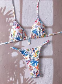 Swim Mod 女士随机花卉印花细肩带贝壳装饰性感比基尼套装，夏季 - 彩色 - 查看 3