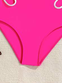 SHEIN Nuevo traje de baño de una pieza de unicolor con lados calados para adolescentes - Rosa Fucsia - Ver 3