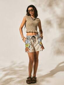 Easelle 夏季花卉印花抽绳腰休闲棉质度假波西米亚风编织黄油黄色女式短裤 - 卡其色 - 查看 7