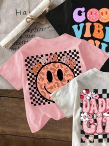 SHEIN Leap Crew Áo thun cổ tròn tay ngắn họa tiết hoạt hình dễ thương đơn giản cho bé gái, hoa, đen trắng, họa tiết kẻ caro trắng, đen, hồng nhiều mảnh phù hợp cho mùa hè - Nhiều màu - Xem 6