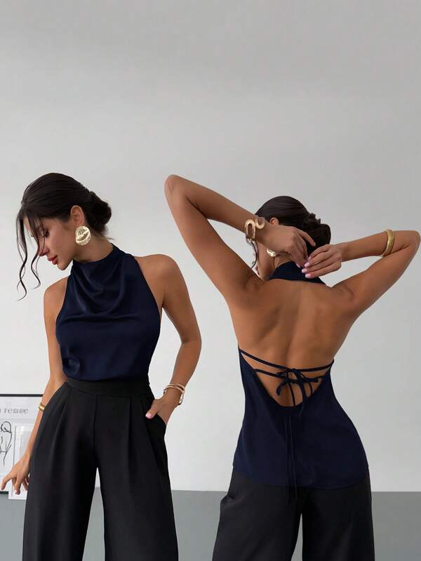 Firerie Neue minimalistisch elegante tägliche Pendelbluse im Vintage-Stil mit modernem asymmetrischem Kragen, ärmellos, Trägertop, rückenfreiem Design, Schleifenverzierung, figurbetont, Schwarz, Frühling/Sommer